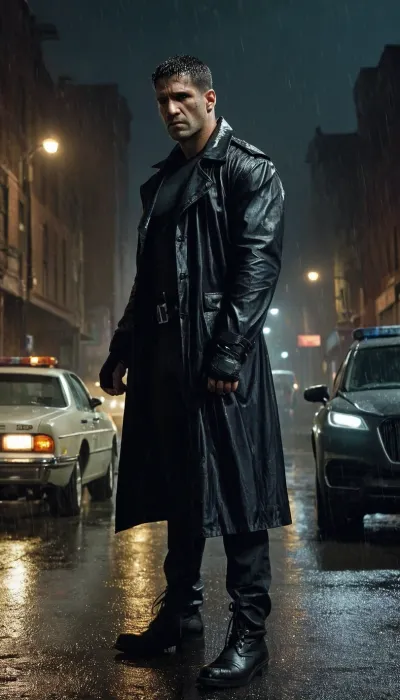 The Punisher, comic book DS, a sullen look, against the backdrop of a gloomy dark city, a long black raincoat, the clothes of a punisher, (a bulletproof vest), hands clenched into fists, ankle boots, leg holster, shabby clothes, you can see the lights from the flashing lights of police cars, (scar on nose), mad-sincity, 1940s, noir, rain, night, looking down, resolute, <lora:Sin_City_Movie_Style_SDXL:.5>