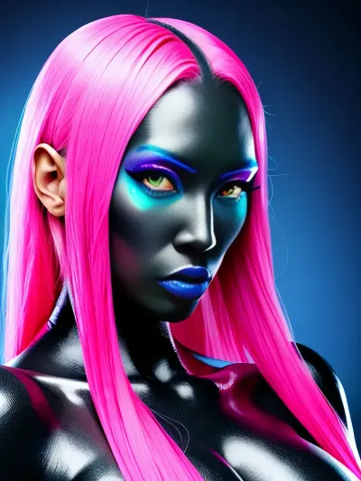 tentacles instead of hair, high quality, perfect quality, woman, furry, black furry, tentacles, bright pink makeup, the perfect face, alien, blue skin, inhuman eyes, young 18