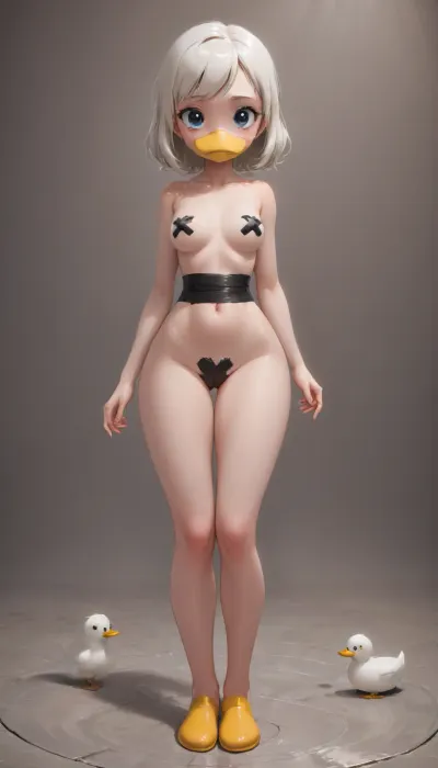 cute and beautiful french girl, duck tape bonadge, stretched duct tape, arms attached with duct tape, duct tape compressing waist, duct tape, nude, 20 years old, full body view, perfect face, perfect boobs