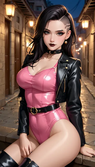 beautiful woman, mature, (30 years old), beautiful face, intricate face, (plump lips), (round face), perfect figure, perfect round breasts, firm butt, hair of two colors, cheekbones, intricate eyes, (black hair), (thin eyebrow), black mascara, dark lipstick, black eyeliner, dark eyes, long hair, (Undercut hairstyle), indifferent, irritated, smug smile, self-confident, (short black leather jacket with collar), (pink swimwear-style bodysuit), black leather belt, hips visible, legs visible, black boots, night, light of lanterns, sexy pose, cyberpunk сity
