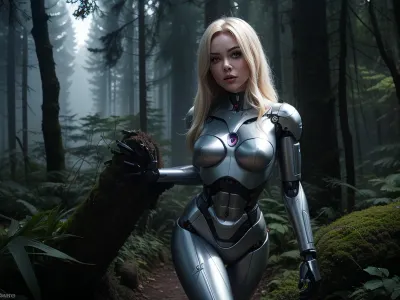 A woman-robot who made as half human. Bendover. Naked half metal pussy. full body. in the deep dark forest