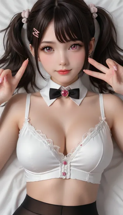 1girl, breasts, cleavage, long hair, looking at viewer, pantyhose, smile, solo, v, hair ornament, simple background, white background, black hair, blush, hairclip, large breasts, nail polish, navel, lying, on back, twintails, pink eyes, thighs, black pantyhose, detached collar, piercing, pink nails, ear piercing