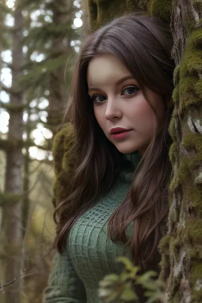 (young woman), close up, solo, masterpiece, best quality, ultra-detailed, illustration, impasto, painting, tree, shrub, moss, moss cover branches, nature, scenery, fallen leaves, pine tree, forest, pov, FO, <lora:Nice forest:.5>