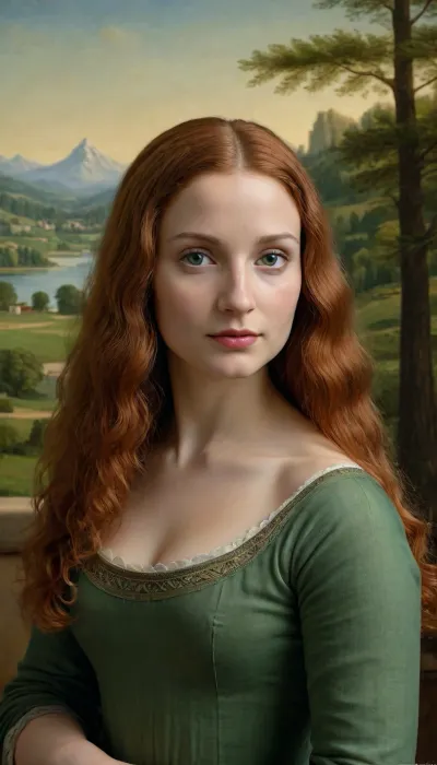 Leonardo da vinci Mona Lisa's painting, she is redhead long curly hair, green eyes, and naked, behind her the same landscape as in the painting of the Mona Lisa