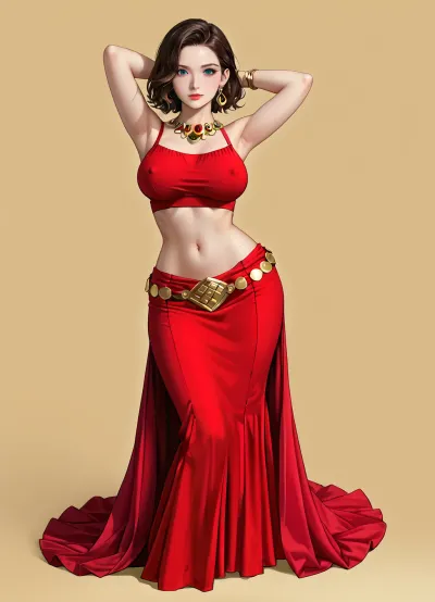 Low-rise red bedlam with a coin belt for belly dance, red crop top, skirt on hips, flat stomach, seductive face, brunette, hands behind head, empty background, large breasts, big hips, erect nipples, full body view