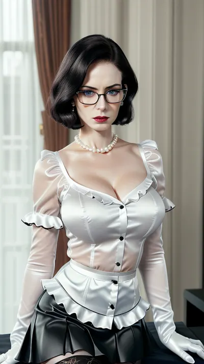 bitchy face arrogant, angry, dominant, arrogant, mistress, ((((70 years old)))), British headmistress in full body satin uniform, covering the chest completely, very old, mature 70 years old, British headmistress, gran, grandma, facial wrinkles, black lipstick, mature beautiful blonde mistress, wearing black latex gloves with white ruffle lace, superior attitude, arrogant attitude, dominant attitude, (((sharp bob cut hair))), moaning, licking upper lip, (oiled body:1.3), blue lipstick, full body nude, fully naked, pronounced feminine mature secretary feature, busty, (skin pores:1.1), (look at viewer:1.4), (high quality face:1.4), (high detailed face skin:1.4), (realistic iris:1.4), blue eyes, (realistic pupils:1.4), (realistic lighting:1.3), (collar:1.3), blue silver ring earrings, pale skin, angry attitude, dominant face, bitchy face, ((Looks disapproving at the camera:1.3)), looking very upset and angry at camera, looking at the viewer, intense stare, look at the viewer, eye contact, looking at camera, wearing glasses, (((big silicon tits))), heavy breast, massive bimbo tits, ginormous boobs, MM cup breasts, perfect breasts, ((jewelry)), ((pale skin), , :1.3), ((night)), toned body, fit body, ((pearl necklace)), ((pale skin tone), , :1.3), ((symmetrical eyes)), (Victorian royalty), (lady:1.2), in full body satin short crop uniform, wearing full body satin transparent see trough satin short crop, uniform covering completely the breast, all uniform buttons close tight around breast, all buttons close, tight white shirt, tight white shirt with all buttons tight close, all buttons closed tightly from the neck to the bottom, (((white satin short crop transparent see trough blouse with all buttons tightly closed))), all buttons closed tight from the neck to the bottom, satin transparent ruffle shirt with ruffle edges, (((tight white satin short crop ruffle shirt))), wearing large white and black lace satin transparent see trough push bra under shirt, ((milf:1.4)), garter belt, stockings, knee socks, striped leg wear, ((thigh highs), wearing red shiny leather belt, wearing sexy white lace panties under, black nylon sheer tights, full model in view, full view, staying on her knees in front of her male boss, office outfit, black plated satin ruffle micro skirt, white satin gloves, pantyhose, high heels, wearing glasses)