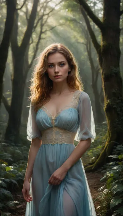(masterpiece, best quality, ultra-detailed, highres:1.3), , (ethereal beauty:1.2), (soft natural lighting, volumetric lighting, cinematic lighting), A young princess, (delicate features, wide innocent blue eyes, a slight hint of worry in her expression:1.4), (unblemished skin, soft rosy cheeks), Lost in a serene and mystical forest glade at dusk, with a dense, slightly overgrown feel, (a barely visible overgrown path winding through the trees:1.1), (Misty atmosphere, dappled warm golden light filtering through the thick canopy and illuminating her face:1.3), Her medium-length shoulder-grazing voluminous hair is, (softly tousled, slightly disheveled by the journey, with loose waves framing her delicate features:1.5), The hair features a blend of shimmering golden blonde tones with subtle silvery highlights, (appearing softly illuminated by the fading sunlight:1.2), The bangs are a straight full fringe that slightly curves to frame her face, (emphasizing her innocent and slightly vulnerable appearance:1.4), She wears a, (simple, slightly rumpled pale blue gown, possibly with delicate lace trim, hinting at her royal status but appearing slightly disheveled from being lost:1.3), (small delicate hands gently clutching the fabric of her dress:1.2), (A single tear glistens on her cheek, reflecting the soft light:1.1), In the background, a crescent moon rises prominently above the ancient, gnarled treetops, casting a cool silver glow that contrasts with the warm dusk light, adding to the enchanting and slightly melancholic ambiance, (creating a sense of isolation:1.1), (She appears slightly bewildered and alone, gazing slightly upwards or into the distance with a touch of apprehension:1.2), (Subtle dust motes dancing in the beams of light:1.1), (soft focus background), ZipRealism, <lora:sunnyrayyxo_v1_SDXLBase:.4>, <lora:SDXLFaeTastic2400:.8>