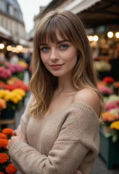 (masterpiece, best quality, highres, ultra-detailed), photorealistic, (cinematic lighting), (bokeh), (depth of field), (sharp focus), , (Her medium-length shoulder grazing voluminous hair is styled with soft layers in a loose wavy texture creating a relaxed and quirky look:1.3), (The hair features a blend of golden blonde tones with subtle dark highlights creating a soft dimensional look:1.2), (The bangs are a straight full fringe that slightly curves to frame the face and blends seamlessly with the rest of the hairstyle:1.4), a beautiful young woman with fair skin, bright blue eyes, delicate features, wearing a, (vintage oversized knitted sweater:1.2), in a cream color, (standing near a bustling outdoor flower market in Paris, France:1.4), she is, (playfully looking over her shoulder with a slight smile:1.3), the background is filled with colorful flowers, vendors, and blurred figures, soft morning light filters through the stalls, (creating a warm and inviting atmosphere:1.3), a shallow depth of field blurs the background further enhancing the focus on her., ZipRealism, <lora:sunnyrayyxo_v1_SDXLBase:.6>