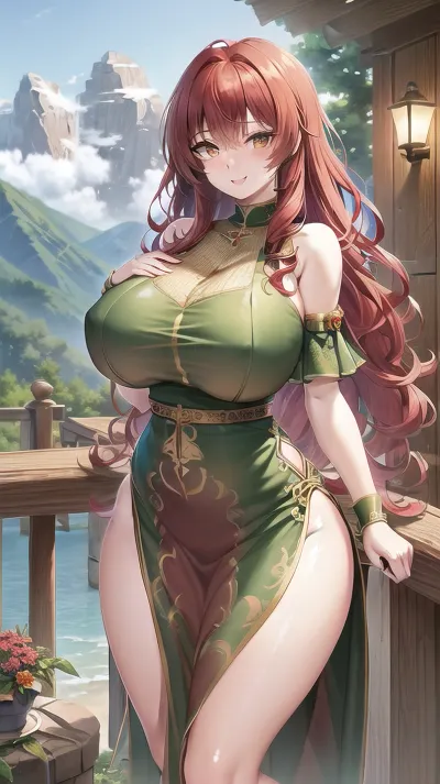Best quality, masterpiece, 4k, photorealism, photo, high detail, detailed image, great lighting, young girl, 20 years old, big boobs, big ass, big hips, thin waist, long legs, sweet face, beautiful smile, long hair, (red hair:1.2), curly hair, brown eyes, mountains, mountain valley, green dress