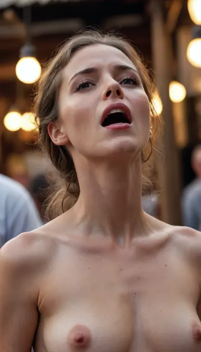 A woman, nude, being showed on a market place while she's restrained and a lot of saliva dripping out of her mouth