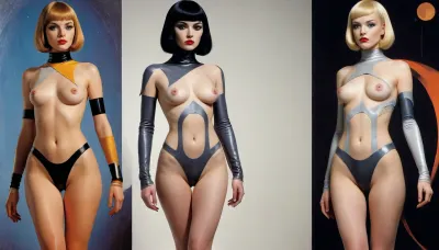 (style of old pulp scifi poster, Flat 2D Art:1.4), (retrofuturism, very small perky tits, covered nipples:1.4), (visible pussy, shaved pussy, pussy:1.4), (side-by-side:1), side-by-side pictures of 18 year old slim sexy space princess wearing asymmetric avant-garde super tight space suit, (avant-garde asymmetric clothes:1.6), (wearing, futuristic, sexy, asymmetric, torn, cutout, exposing breast or pussy, lewd, intricate details, avant-garde, cutouts, cutoffs, lace, leggins, hotpants, uniform, suit, flightsuit, spacesuit, space_space, Avant-garde, edgbodytape), rank insignia, royal insignia, <lora:add-detail-xl:.5>, <lora:Space_clothes-xl-8:.5>, <lora:Avant-garde Fashion:.5>