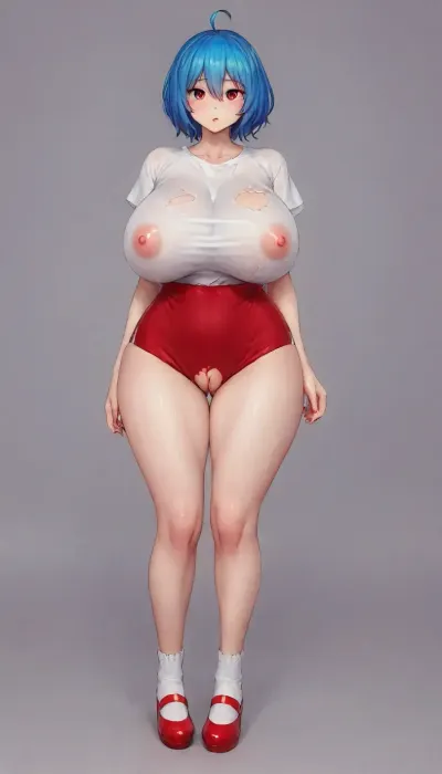 short hair, nipples, underwear, blue hair, full body, shirt, buruma, ahoge, bloomers, hair between eyes, white shirt, huge breasts, torn clothes, thick thighs, wide hips, puffy nipples, partially visible vulva, red buruma, puffy vulva, shorts, heart, cutout, pussy, peek, bottomheavy, big, ass, gigantic, thick, thighs, massive, <lora:AyanamiRei:.6>, <lora:bottomheavy_v1_sdxl_tags:1.2>, <lora:milkers_v2:2>