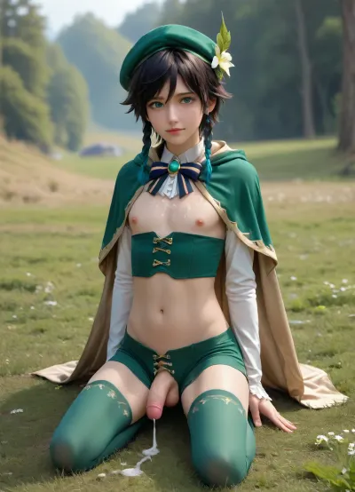 Cute, sexy man, venti, genshin venti seductive, regal cloak, twink, yaoi, uncut penis, uncircumcised penis, shoestring dick, big dick, big soft dick, cute cock, flaccid penis, long penis, hung, flat pecs, nipples bulging, full body, on hands and knees, facing away, on grassy hillside, (full naked), bubble butt, cute butt, cock and balls visible, 1man, gay, small, penis, earrings, covered in cum, huge cumshot, cum on chest, cum on face, ropes of cum, massive cumshot, seductive look, coy smile, playful smirk, ventidef, beret, hat, flower, white, shirt, bow, long, sleeves, frilled, corset, cape, green, shorts, pantyhose, jewelry, brooch, ventiarc, hair, crop, top, bridal, gauntlets, hooded, capelet, single, thighhigh, feathered, wings, midriff, dk_venti, Ass, view, <lora:MaleAssViewV2:.5>, <lora:TwinksAnatomyXL_v1.0:.5>