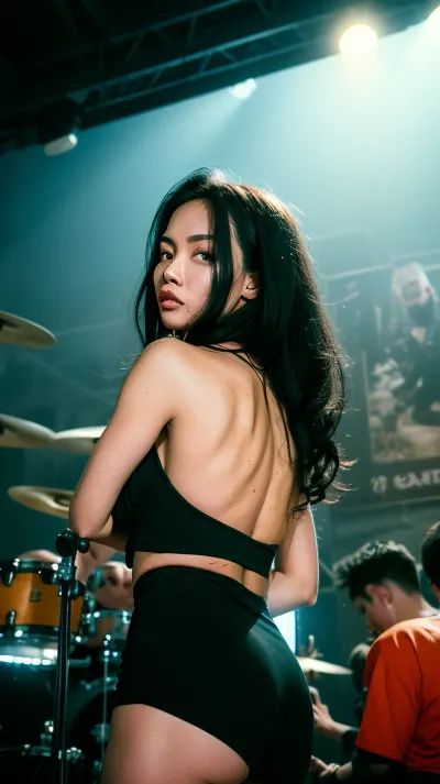 beautiful tan chinese 25 years old fit instagram model, pale skin, on her back, long wavy messy black hair, has the body of a very skinny guess model, perfect beautiful woman, beautiful perky breasts, poking nipples, curvy fit body, thighgap, high jawline, I'm standing above her, my cock is inside her, she's looking right at me, she loves oversized shirts, spreading pussy, amateurstyle, 90s, flash, photo, light, leak, lomography, analog, RaveSceneNineties, <lora:AmateurPornStyle-v1:.3>, <lora:90sflash_v3:.5>, <lora:skin_slider_v10:.8>, <lora:RaveSceneNineties:.8>, she is standing at the back of a warehouse where a punk rock concert is playing, pitch black room, rock concert lights and large speakers, guitar players, concert is small in background, band is blink 182