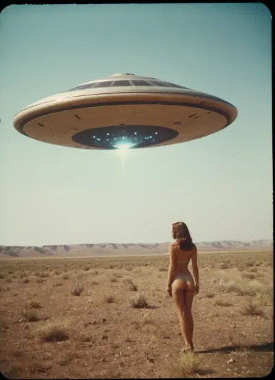 Polaroid photo of a UFO, grainy, low resolution, 1960s, noise texture, film grain, (alien ufo sexy pilot with perfect figure, slim, sexy)