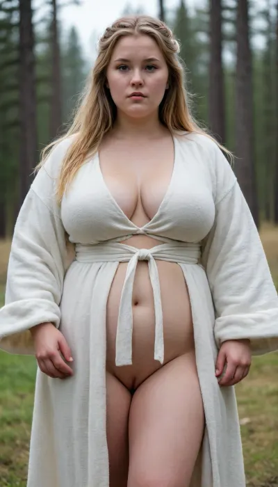 plump 18 years old woman wearing an open robe amatuer photo taken from afar, norse warrior princess
