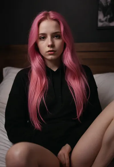 Cute girl with long pink hair in a black hoodie laying in bed, fainting, sleeping, provoking face, with naked fat legs, covered in projectile cum. Dark unlit bedroom, amateur photo style