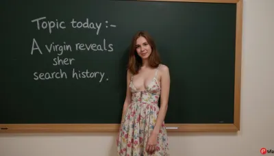 18 year old Norwegian woman, skinny, petite, small chest, wearing a floral summerdress, standing in front of a blackboard, on the blackboard is written in chalk letters text "Topic today, A virgin reveals her search history".