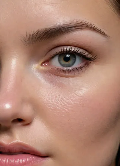 Create a hyper-realistic close-up of a human face, focusing on the skin's texture and intricate details. The skin should be smooth and flawless, without any scars, birthmarks, moles, or wrinkles. Show the skin's pores clearly, with subtle variations in size and spacing across the face. Include fine hairs and hair follicles visible on the skin's surface. The sweat glands should be faintly visible, scattered across the forehead, cheeks, and chin. Veins should subtly appear under the skin, especially around the temples and jawline, with a faint bluish tint. The skin tone should be natural, without any visible oil, and the lighting should highlight the fine textures and features of the skin, emphasizing its complex, natural appearance, Highest quality, highest details, highest data, highest resolution, highest megapixel, highest capacity