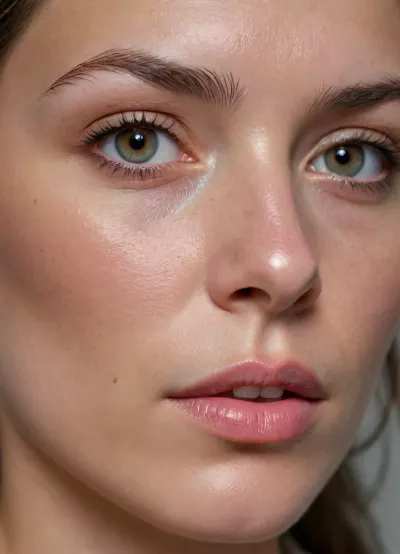 Create a hyper-realistic close-up of a human face, showcasing the skin's natural texture with pores, fine hairs, hair follicles, sweat glands, creases, folds, and flaps. The skin should be smooth and flawless, without scars, birthmarks, moles, wrinkles, or oil. Include subtle veins visible under the skin, especially around the temples and jawline. The lighting should highlight the skin's intricate details, emphasizing the natural folds and creases that form around the nose, eyes, and mouth, Highest quality, highest details, highest data, highest resolution, highest megapixel, highest capacity
