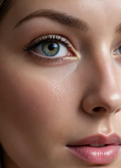 Create a hyper-realistic close-up of a human face, focusing on the skin's intricate natural details. The skin should appear smooth and flawless with visible pores, fine hairs, hair follicles, sweat glands, and subtle veins beneath the surface. Emphasize creases, folds, and skin flaps around the eyes, nose, mouth, and jawline. The lighting should accentuate the fine textures and natural topography of the skin, highlighting its realistic depth and variations. The skin should have a natural, even tone, free from scars, birthmarks, moles, wrinkles, or oil, , Highest quality, highest details, highest data, highest resolution, highest megapixel, highest capacity