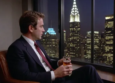 80's ultra aesthetic photography vaporwave, chillout, gravophone tourne-disque, it's nighttime, a wealthy businessman is on his way home to his apartment at the top of a Manhattan skyscraper, listening to music as he drinks his whisky. He's sitting in his armchair, while to his right, through a large window, the night lights of New York, and in particular, those of the magnificent Chrysler Building, can be seen.