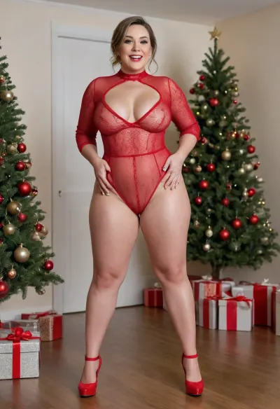 A Mature plumper woman wearing clear platform heels, standing in Front of a christmas tree, wearing a red transparent fishnet bodysuit made of threads, nude, spreading legs wide open, shaved wet pussy, full body view, oiled, big saggy tits, pigtails, shows pussy, photorealistic, skindetention, smiling, masterpiece, detailed, clear platform heels
