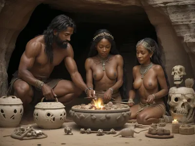 This story takes place in caveman times. This is the age of carved stone. A naked 68 year old black woman is having her breasts touched by a prehistoric man who is also worthless, they are also in front of a fire where meat is a classy product. Against the wall of the cave, spears, arrows, pots of animals and everything decorated with bones and carved stone. The woman gave up and cut it flat. She seems to appreciate her companion's gestures., <lora:Dune_Style:.3>