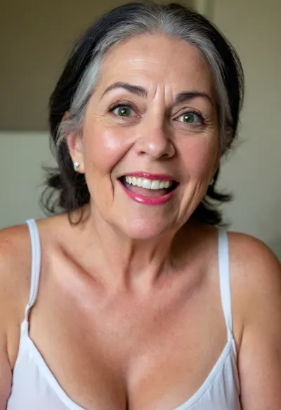 portrait of a mature 75 year old fat GILF with, long straight black hair. She has big beautiful eyes. She has olive skin and light natural makeup, with soft big lips and subtle eyeliner. She has a round Chubby face and chubby body. The woman is smiling, open mouth, her expression is excited., (Open mouth), She is wearing a white sleeveless top, with Cleavage. The background is a neutral, dark wall, with soft natural lighting illuminating her. The photo is taken indoors with a minimalistic setting, with a depth of field., (detailed skin texture, skin imperfections), (age-appropriate skin condition, wrinkles, wrinkled skin, wrinkled face), plump, skindentation, chubby, bbw, venus, body, big, ass, clothes, wetshirt, puffy, nipples, dark, ghost, wide, <lora:Chubby BBW - XL:.8>, <lora:WetshirtXL_-_Wet_T-Shirt_for_SDXL:.2>, <lora:Nipples XL:.5>
