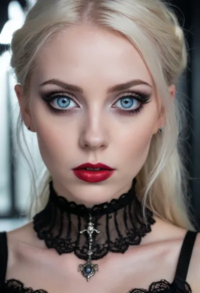 (An enrapturing portrait of a stunningly beautiful goth girl:1.4), (focus on eyes, intense expression, unnerving, eerie, mesmerizing eye contact, soulless pale blue eyes, large eyes:1.5), (long straight colorless white hair cascading over her shoulders), (pale creamy porcelain skin, creamy skin texture, chiselled cheekbones, strong jawline, defined jawline, elegant neck, subtle vellus hairs), (goth makeup, smoky eye shadow, heavy mascara, winged eyeliner, long eyelashes, immaculate eyebrows), (blood red lipstick, wet lip look, glistening lips), (predatory smirk, leering at viewer with contempt, dominant, demanding presence), (wearing a black lace corset, black choker with a blood red ruby), ZipRealism