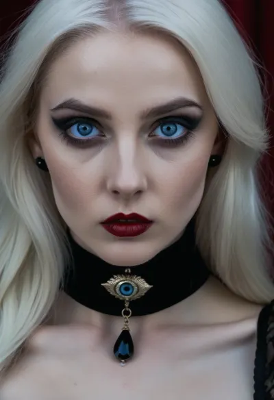 (An enrapturing portrait of a stunningly beautiful goth girl:1.4), (focus on eyes, intense expression, unnerving, eerie, mesmerizing eye contact:1.5), (soulless pale silvery-blue eyes, large eyes, predator eyes:1.6), (long straight colorless white hair cascading over her shoulders), (pale creamy porcelain skin, creamy skin texture, chiselled cheekbones, strong jawline, defined jawline, elegant neck, subtle vellus hairs), (goth makeup, smoky eye shadow, heavy mascara, winged eyeliner, long eyelashes, immaculate eyebrows), (blood red lipstick, wet lip look, glistening lips), (predatory smirk, leering at viewer with contempt, dominant, demanding presence:1.3), (wearing a black lace corset, black choker with a blood red ruby), (exquisite skin detail, exquisite skin texture, exquisite hair detail, exquisite eye detail:1.2), ZipRealism
