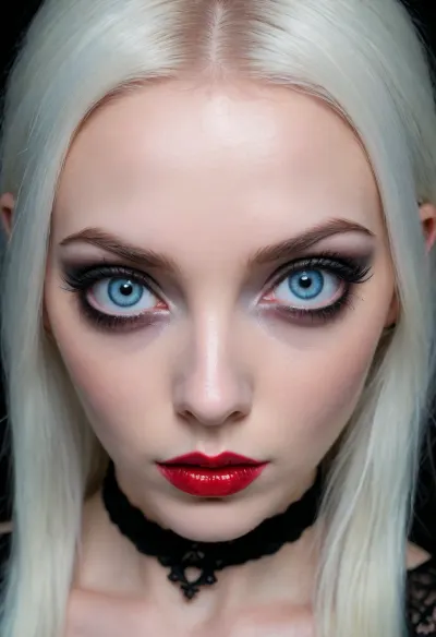 (An enrapturing portrait of a stunningly beautiful goth girl peering into your soul:1.4), (focus on eyes, intense gaze, unnerving, eerie, unbreakable eye contact, mesmerizing eye contact, depthless eyes:1.6), (soulless pale blue eyes, large eyes:1.5), (long straight colorless white hair cascading over her shoulders), (pale creamy porcelain skin, creamy skin texture, subtle vellus hairs), (high chiselled cheekbones, strong jawline, defined jawline, elegant neck), (goth makeup, smoky eye shadow, heavy mascara, winged eyeliner, long eyelashes, immaculate eyebrows), (blood red lipstick, wet lip look, glistening lips, blood smeared lips), (predatory smirk, leering at viewer with contempt, dominant, demanding presence), (wearing a black lace corset, black choker with a blood red ruby), (dutch angles, kubrick stare), ZipRealism