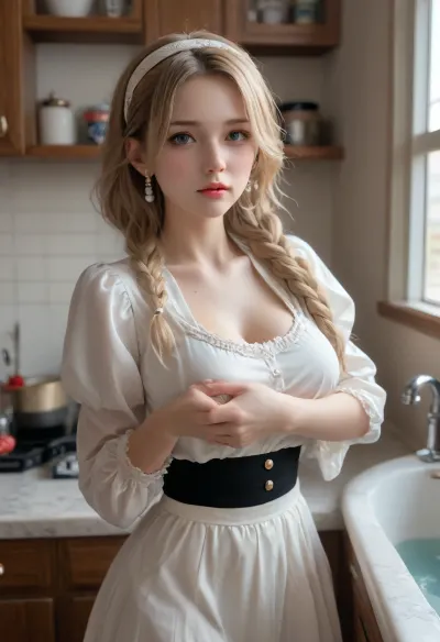 ((Insanely hot very busty very skinny blonde housewife is being fucked from behind by a burglar against the kitchen sink)), ((he is groping her gigantic boobs)), ((enormous huge gigantic firm boobs)), blonde braided hair, ((extremely scared look in her eyes)), ((lifted summer skirt)), ((tiny ass)), ((her boobs are showing)), hairband, pearl earrings