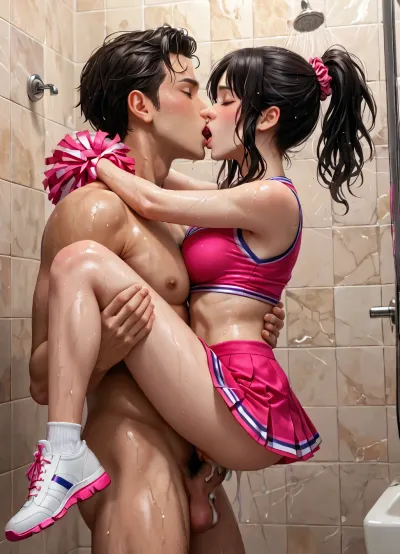 (((1 man and girl))), ((1 gorgeous 18 year old cheerleader under running shower with pink glass wall)), (natural b cup breasts), black muscular man, pink cheerleader outfit, (pink cheerleader skirt), (lifted pink cheerleader top), wet shaved pussy, slim, athletic, gymnast body, (black hair:1.1), long, multicolored, scrunchie, (moaning, aroused, orgasm), ((caressing and fondling, hugging)), shirt lift, miniskirt, running shower, sat apart, spread legs, soap, (french kissing:1.3), (carry sex:1.3), (leg lock:1.3), (penis in vagina:1.3), (creampie:1.4)