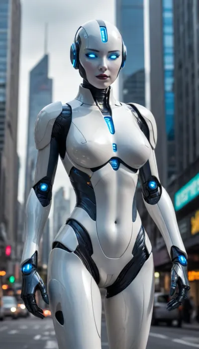 A sleek futuristic scene, a female robot in a form-fitting white armored suit with vivid blue accents, wearing boots, she is exuding a sense of femininity, standing in the street in a futuristic utopian city, curvy hips, narrow waist, slim shoulders, feminine arms, medium sized breasts, metallic skin, robotic joints, metallic paint, no bellybutton, futuristic city
noface, cyborg