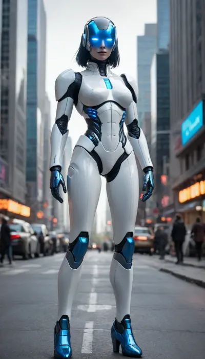 A sleek futuristic scene, a female robot in a form-fitting white armored suit with vivid blue accents, wearing boots, she is exuding a sense of femininity, standing in the street in a futuristic utopian city, curvy hips, narrow waist, slim shoulders, feminine arms, medium sized breasts, metallic skin, robotic joints, metallic paint, no bellybutton, futuristic city
noface, cyborg