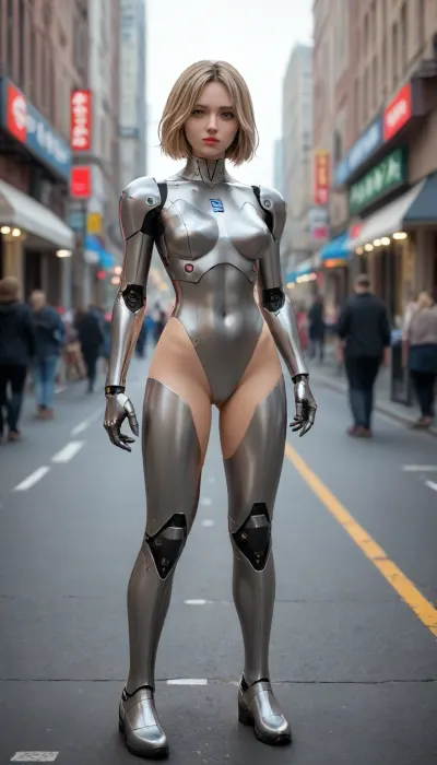 A sleek futuristic scene, a female robot in a form-fitting white armored suit with vivid blue accents, wearing boots, she is exuding a sense of femininity, standing in the street in a futuristic utopian city, curvy hips, narrow waist, slim shoulders, feminine arms, medium sized breasts, metallic skin, robotic joints, metallic paint, no bellybutton, futuristic city
noface, cyborg