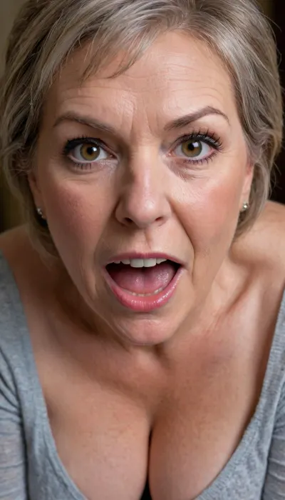 Fat mature woman, granny, (gilf:1.4), long brown hair, (open mouth), (detailed skin texture, skin imperfections), (age-appropriate skin condition, wrinkles, wrinkled skin, wrinkled face), (expressive eyes, striking eyes, captivating eyes, mesmerizing eyes), highres, extremely detailed, 8k photo, best quality, beautiful lighting, natural light, realistic, erotic, photorealistic, photo, photography, detailed, in focus, UHD 8k focus stacking, downblouse, nipslip, <lora:RealDownblouseXL2:.5>