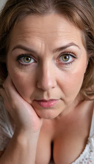 Fat mature woman, granny, (gilf:1.4), long brown hair, (open mouth), (detailed skin texture, skin imperfections), (age-appropriate skin condition, wrinkles, wrinkled skin, wrinkled face), (highly detailed eyes, high resolution eyes, high quality eyes, highly detailed hair), (same color eyes, symmetric eyes, matching eyes, detailed eyes, detailed iris, detailed pupils, limbal ring around iris, perfectly round iris, perfectly round pupils), (expressive eyes, striking eyes, captivating eyes, mesmerizing eyes), highres, extremely detailed, 8k photo, best quality, beautiful lighting, natural light, realistic, erotic, photorealistic, photo, photography, detailed, in focus, UHD 8k, focus stacking, downblouse, nipslip, <lora:RealDownblouseXL2:.5>