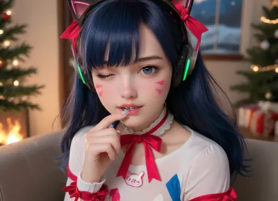 d.va, shiny wet bodysuit, long dark blue hair, cat ears, headphones, skinny, petite, tight waist, tight hips, tease, ribbons, burning tree, burning christmas tree, fire, colorful background, pink christmas tree, lean blue couch, lean backwards, touch neck, bite finger, wink, night, dark, smooth warm light, low light, vintage filter, braces, teeth, <lora:braces-sdxl:1.4>