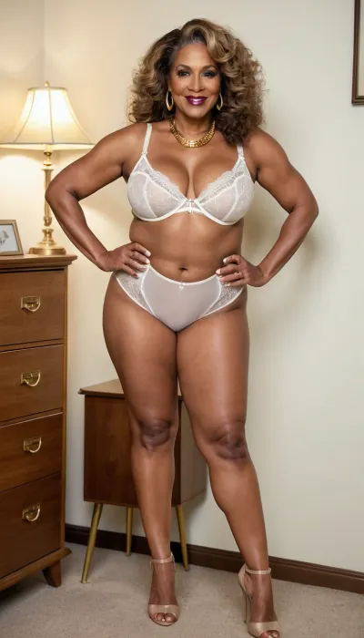 old mature, sexy 60 years old, granny, african, brown skin, curly long hair, glamour, big hoop earrings, necklace, chubby, curvy, wide hip, thick body, thick legs, gold necklace, at the office, very sexy and horny, super saggy tits, saggy boobs, looking at the camera, naught horny smile face, high waisted white lingerie, super high wast lingerie underpants, very huge high underpants, vintage style high waisted lingerie, high heels, full body view, wide shoulders, sexy feet, sexy high heels, stockings