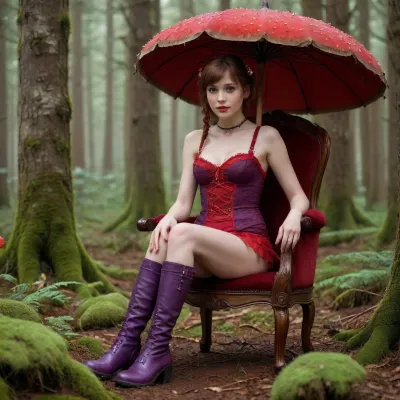 Anne Simone, 26 years old magic woman, dark ginger hair, short pigtails, short very wild hair, shy smile, sitting in red royal chair in foggy old birch forest with moss, (fly agaric), red long boots, headress from fly agaric, (delicate purple victorian lingerie), lacings, Skin details, sharp focus, photorealistic, hyperrealistic, high resolution, very detailed, best quality