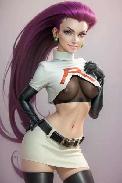 woman, jessie pokemon, solo, team rocket, gloves, hair slicked back, long hair, jewelry, skirt, navel, thighhighs, earrings, elbow gloves, team rocket uniform, crop top, blue eyes, midriff, white background, belt, black gloves, very long hair, simple background, smile, black thighhighs, purple hair, looking at viewer, breasts, white skirt, miniskirt, flashing tits, <lora:jessie-v2:1>, shirtlift, <lora:shirtliftv1:.5>