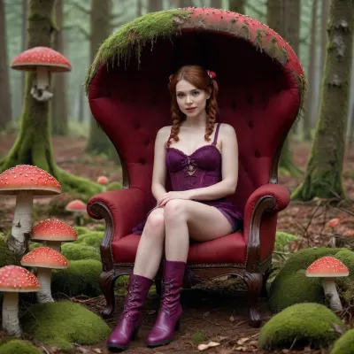 Anne Simone, 26 years old magic woman, dark ginger hair, short pigtails, short very wild hair, shy smile, sitting in red royal chair in foggy old birch forest with moss, (fly agaric), red long boots, headress from fly agaric, (delicate purple victorian lingerie), lacings, Skin details, sharp focus, photorealistic, hyperrealistic, high resolution, very detailed, best quality