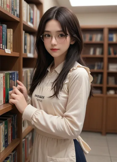 A shy smiling 20-year-old Asian girl, narrow long face, no makeup, round gold-rimmed glasses, delicate jewelry, black extra-long hair, petite, in a bookstore, wearing a bookstore clerk uniform, shirt, bookstore apron, soft tones, lively expression, aug_girl_1, <lora:aug_girl_1-000005:.5>