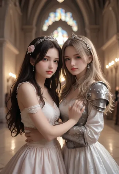 castle + princess in a beautiful dress holding the hand of a knight in armor+Northern lights 3D magical gallogram cozy magical New Year's atmosphere, bright shiny saturated colors, long hair