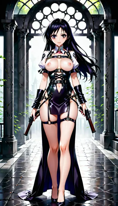 woman, very long black hair, full body, black straps, 18, smokey eye, alluring, vampire, assassin, shotgun, grinning, tattoo, <lora:MeMaV3_ill:.5>, <lora:aesthetic_anime_v1s:.5>, Shinguji, Sakura, Kanzaki, Sumire, Maria, Tachibana, Iris, Chateaubriand, Soletta, Orihime, lee, kohran, Erica, Fontaine, Coquelicot, Kitaoji, Hanabi, Gemini, Sunrise, <lora:Sakura Wars_XL_V2.1:.5>, breasts, cutout, clothing, nipples, <lora:2BoutOvalSDXL2-000002:.5>, wrapped, in, leather, straps, harnesses, and, garters, harness, naitaopidai, <lora:naitaopidai_XL_reg0_:.5>