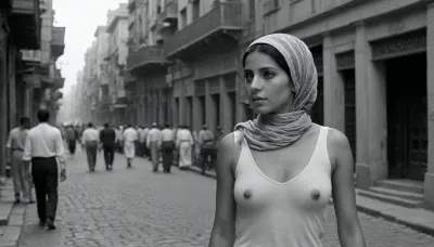An Egyptian nude woman, her expression intense yet graceful, moves through a bustling Cairo street, the scene shot in black and white, with sharp contrasts highlighting the drama in her eyes. Her posture speaks volumes as she walks with purpose, the early 20th-century city life unfolding around her in silent motion—horse-drawn carts, vendors shouting in the background, the rhythmic sound of footsteps against cobblestones. Her face is framed by a headscarf, her features delicate but marked with determination, as she glances over her shoulder. The camera captures the tension of the moment in slow, deliberate pans, the vintage architecture of Cairo rising around her as she steps into an alley, ready to face an unseen challenge, her every movement a story told without words.