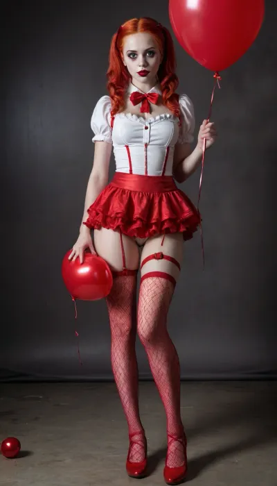 18 yr old Evil Alice in wonderland, completely naked, wearing pennywise clown makeup, bright red hair in pigtails, (((red fishnet stockings))), red converse shoes, carrying a red balloon, horror, creepy, dark surreal, realistic, intricate, detailed, futuristic, maximum render, multicolored
