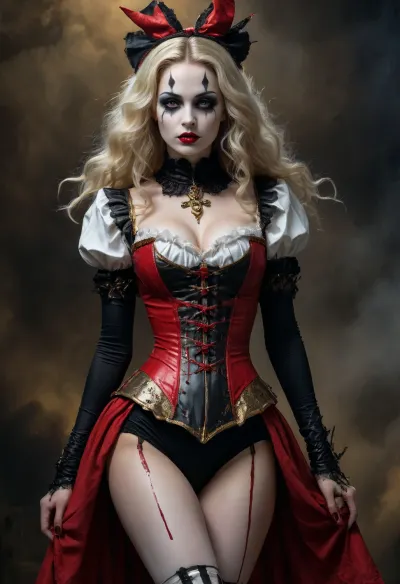 Tall, evil Alice in wonderland, full body shot, black, black gothic makeup, a beautiful female harlequin, tall, beautiful perfect figure, perfect tall legs, charming eyes, sad yet gracious face, dark background, fantasy art capturing the style of Aaron Horkey, Jeremy Mann and Luis Royo, body-focused composition from a low angle, alluring figure, dark fantasy, dynamic composition, white colors, red lipstick, warm hues, rendered in colorful ink flow, showcases acrylic calligraphy, watercolor techniques integrated seamlessly into a maximalist masterpiece, detailed with gouache fluidity, golden hour light